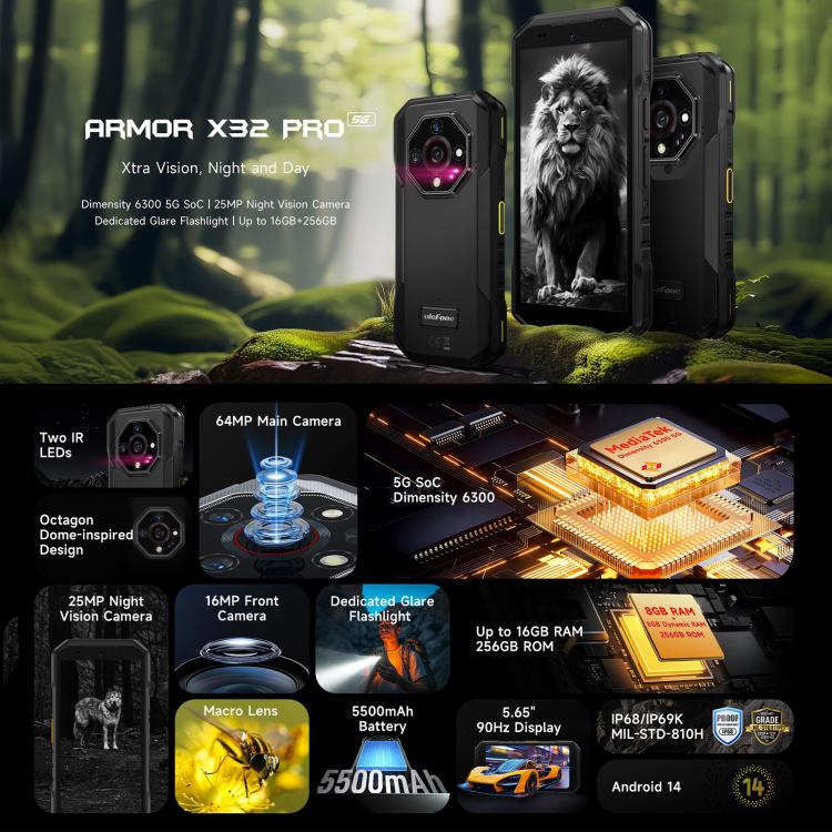Ulefone Armor X32 Pro 5G, 8GB+256GB, Night Vision, IP68/IP69K Rugged Phone, 5.65 inch Android 14 MediaTek Dimensity 6300 Octa Core, Network: 5G, NFC, OTG