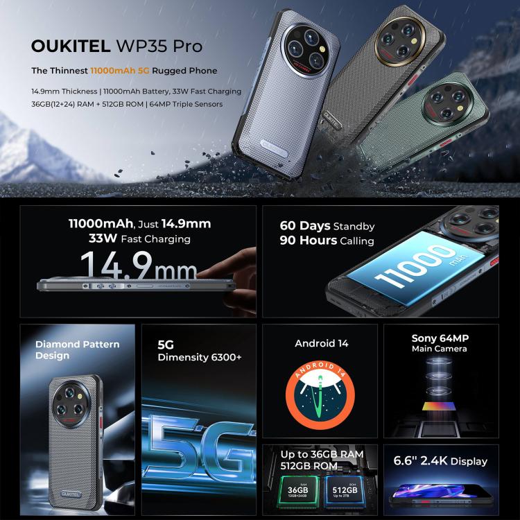 Oukitel WP35 Pro 5G Rugged Phone, 12GB+512GB, 6.6 inch MediaTek Dimensity 6300 Octa Core, NFC, OTG, Network: 5G